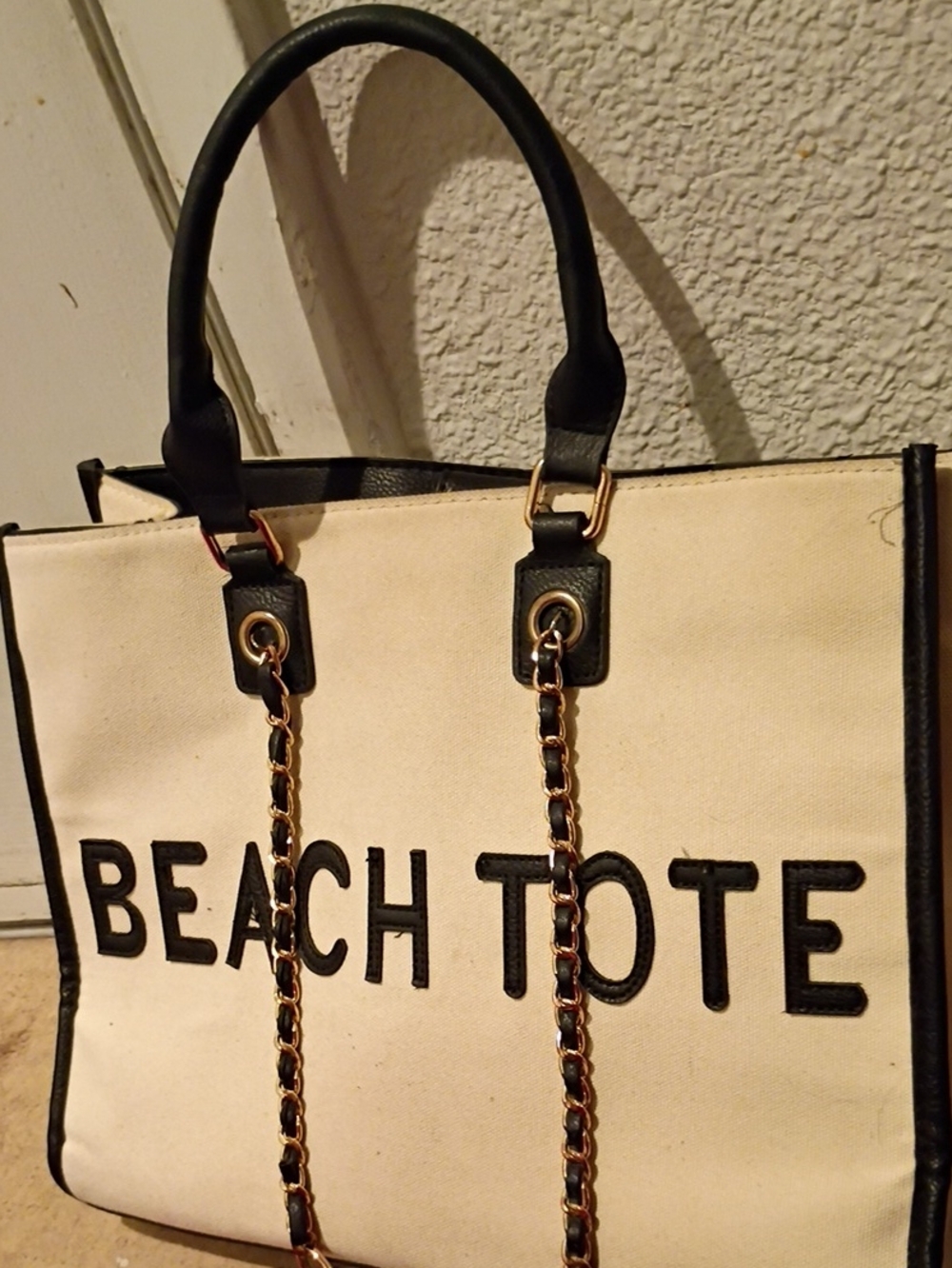 Canvas 'Beach Tote' Handbag with Black Trim